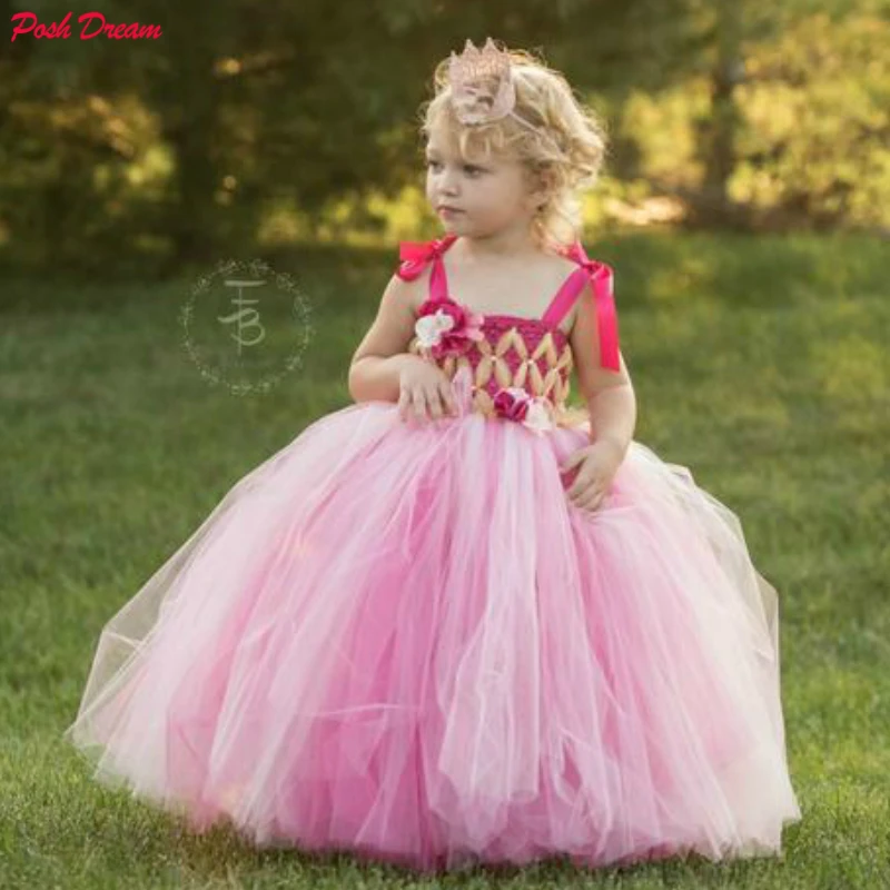 

POSH DREAM Elegant Flower Pink Tutu Dress for Girl Bridesmaid Gold Pink Birthday Wedding Fairy Girls Party Clothes Kids Dress