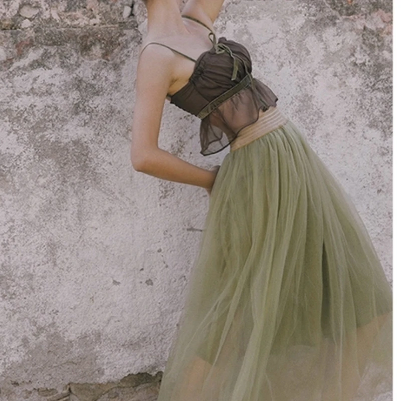 Spilt Type Skirt 2018 Prairie Chic Voile Camping Elastic Bow Splice Color Mid-Calf Ball Gown Dreamy Classical Ballet Dress Women's Sets