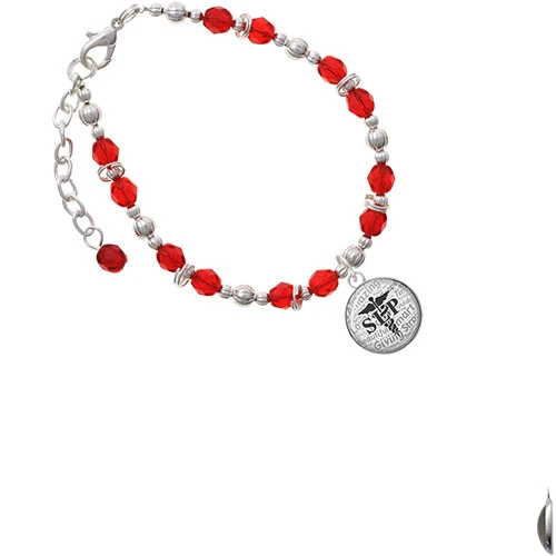 Silvertone Domed Black SLP Red Beaded Bracelet