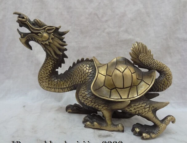 

JP S62 10" Chinese Bronze Carved Wealth FengShui Dragon Turtle Statue Animals Suclpture