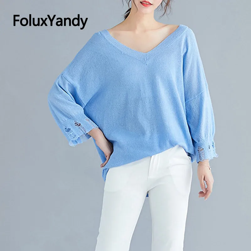 

Hole Knitted Tops V-neck Summer Tops Plus Size Transparent Casual Three Quarter Loose Batwing Sleeve T-shirt Blue Black NQYL121