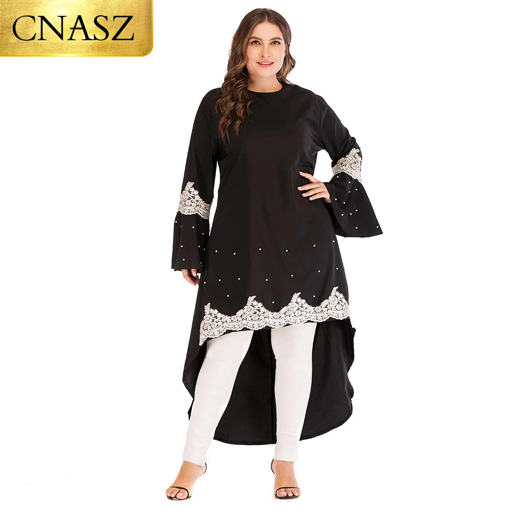 

Muslim arabic fashion Ladies elegant midi 6xl plus size irregular black blouse with pearl for muslim women