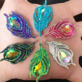 

10PCS AB Resin 3D Peacock Feathers Flat back rhinestone scrapbook DIY Wedding buttons for clothing appliques SW19*2