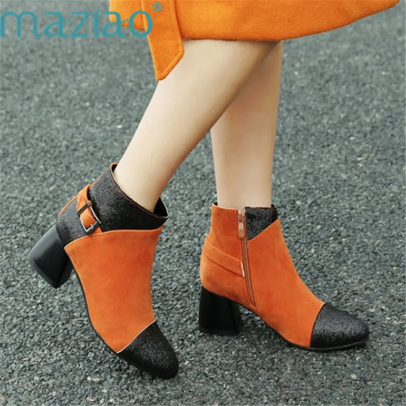 

Short Boots with High Heel Boots Shoes Martin Boots Round Toe Patchwork Side Zipper Women Ankle Boots MAZIAO