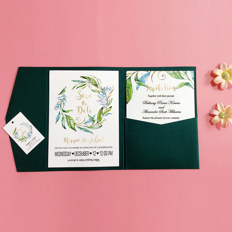  Customized Wedding Invitation Green Pocket Invitation - Set of 50 - 32861253046