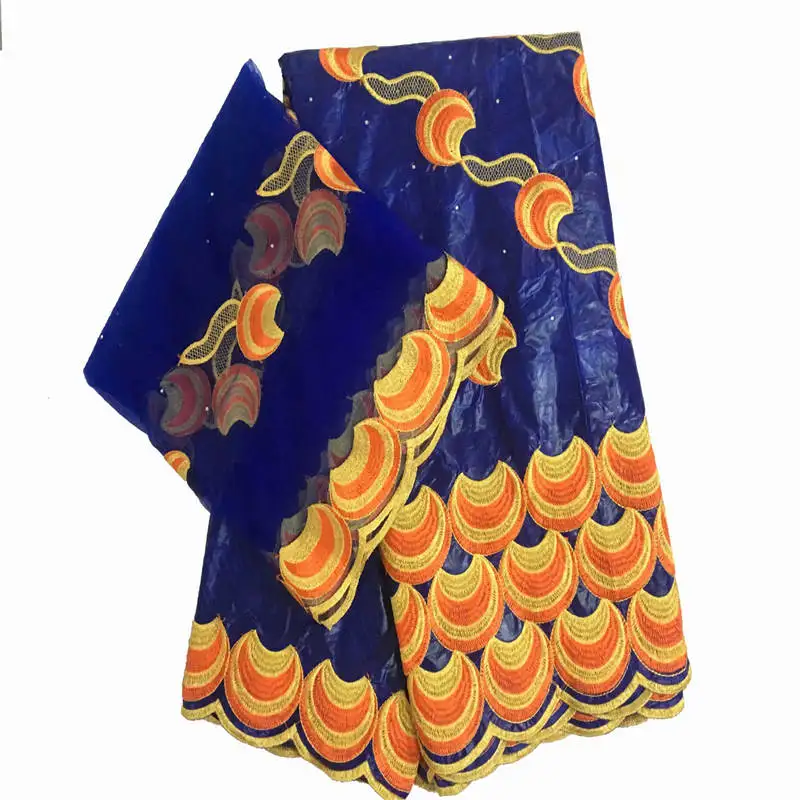 

WX!Bazin Riche Lace Fabric With Blue Embroidered Beaded Basin Fabric And 2 Yards Net Blouse Style For India Wedding ! L61505