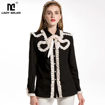

New Arrival 2019 Spring Summer Women's Turn Down Collar Long Sleeves Ruffles Lace Up Fashion Designer Shirts