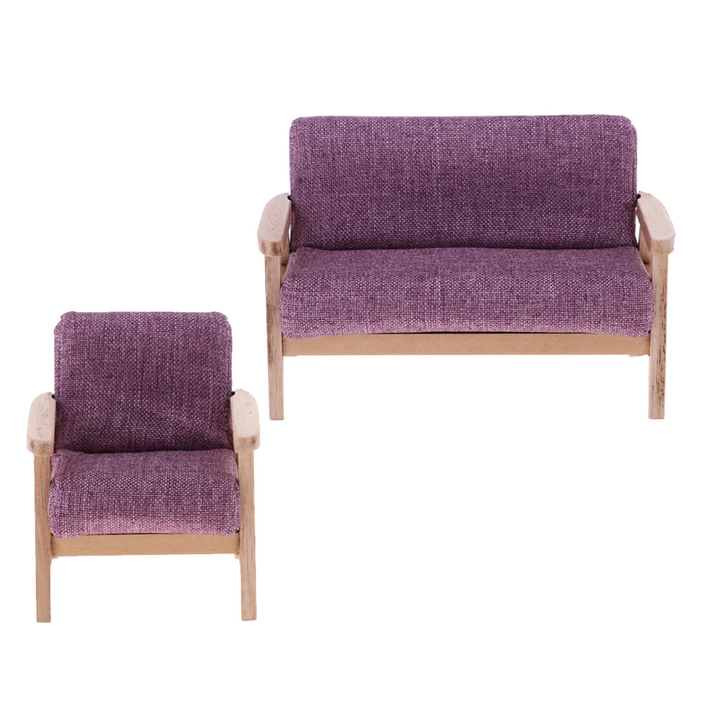 

Wooden 2pcs Sofa Chair Model Set for Living Room 1:12 Dollhouse Miniature Furniture Purple