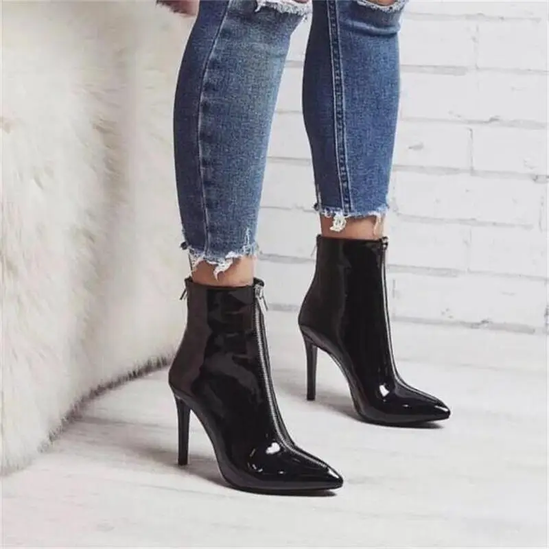 

HihopGirls Autumn Women Boots Modern Sense Zipper Patent Leather High Heel Stiletto Motorcycle Booties Woman Party Dress Shoes