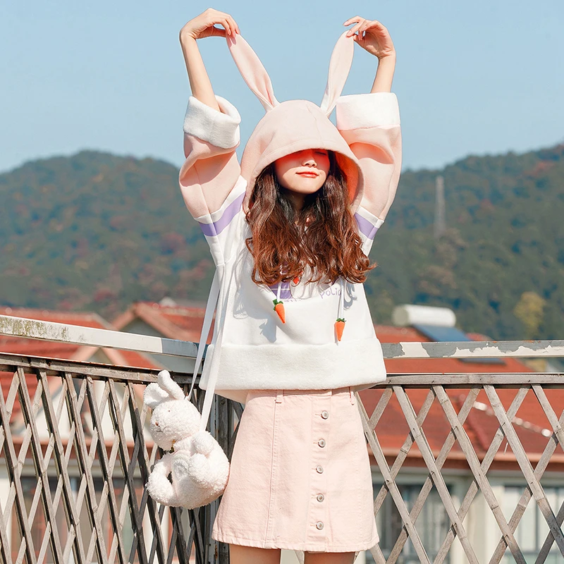 Merry Pretty Cartoon Prnted Hoodies Sweatshirt Women Thick Warm Kawaii Sweatshirts with rabbit ears