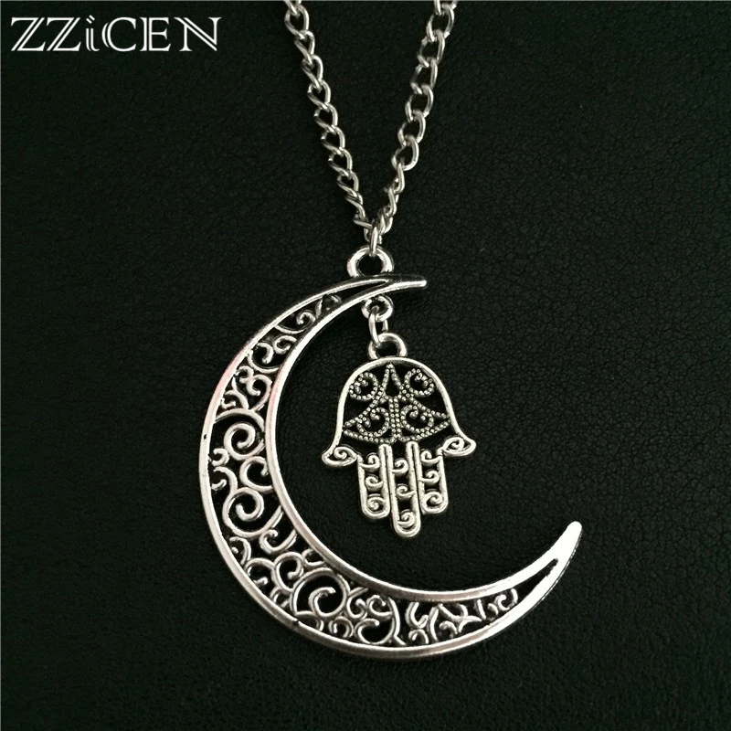 

New Fashion Long 70cm Metal Sweater Chain Antique Silver Fatima Hand Hollow Crescent Moon Hamsa Hand Palm Pendant Lucky Necklace