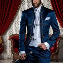 Классический Стиль синий Вышивка жениха Смокинги для женихов Для мужчин свадебные костюмы для выпускного индивидуальный заказ(куртка+ Брюки для девочек) K: 351