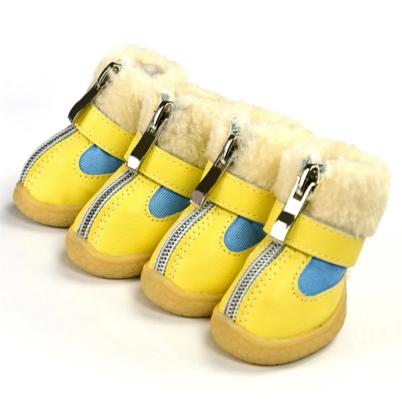 Теплая зимняя обувь с густым мехом для собак; нескользящие зимние сапоги из искусственной кожи; водонепроницаемые ботиночки для маленьких собак; плюшевая обувь для чихуахуа
