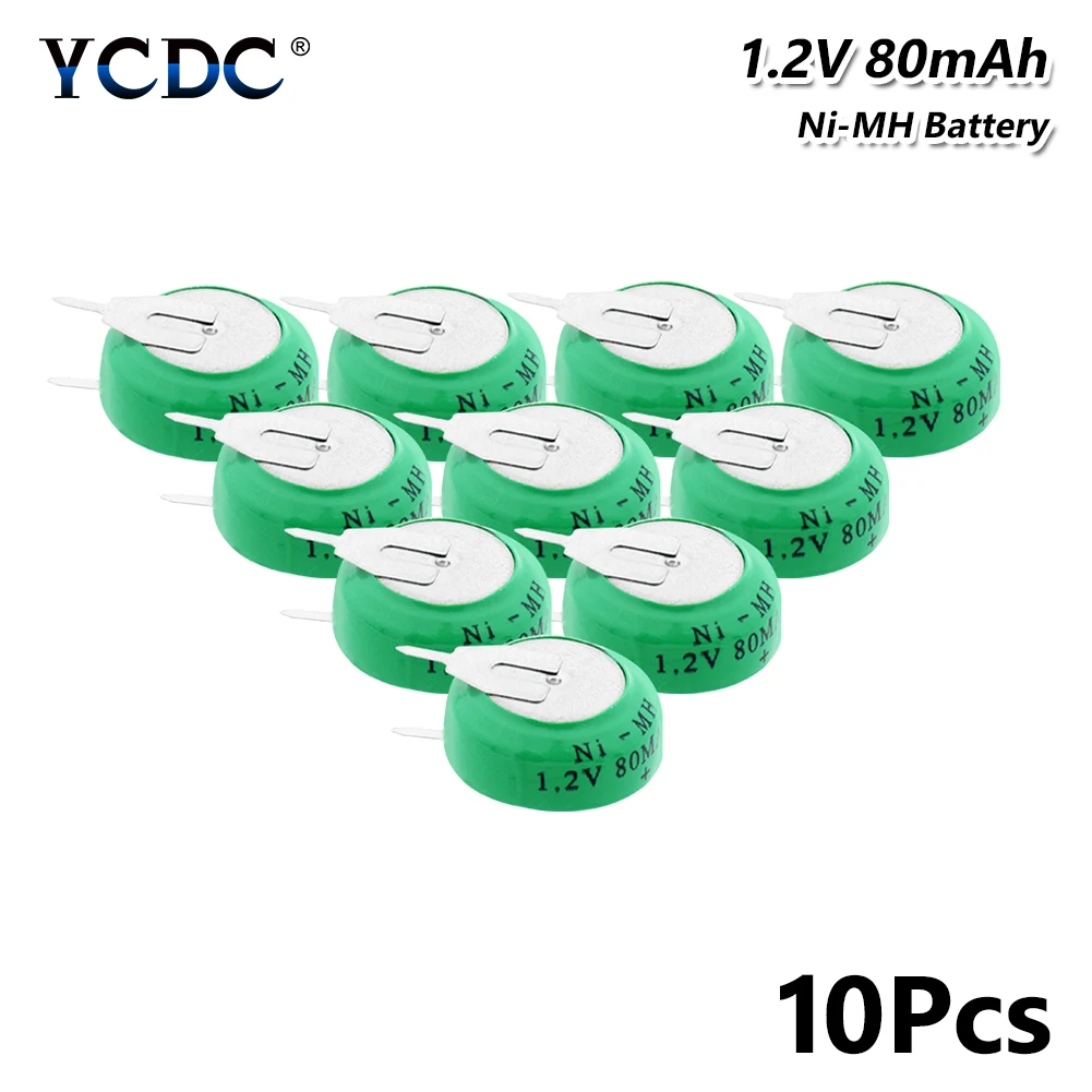 

1.2V 80mAh Ni-MH Rechargeable Button Coin Cell Battery With Solder Pins 10Pcs Li-Po Lithium Li-polymer Bateria Batteries for toy