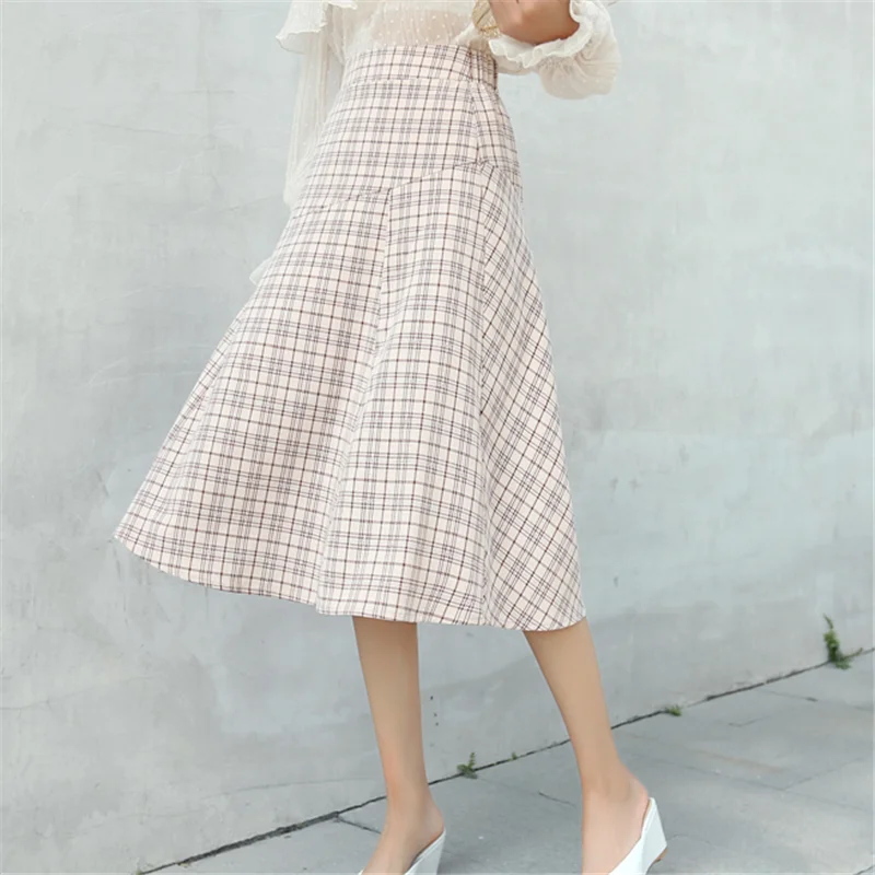 

Skirts Womens Office Lady High Waist Pleated Skirt Elegant Women Plaid Skirt Plus Size Summer Midi Skirts for Women Faldas Mujer