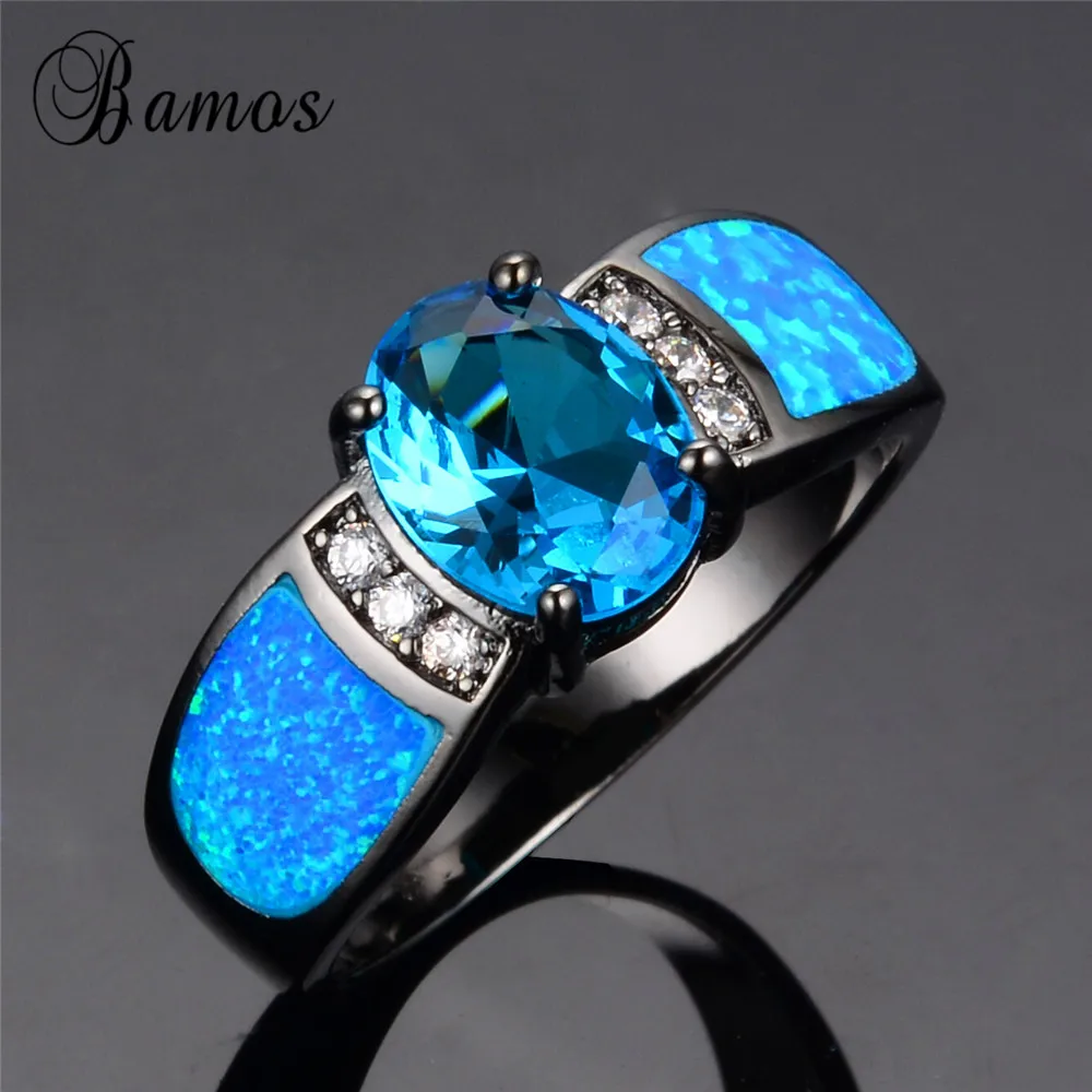 

Bamos Men Women Wedding Ocean Blue Opal Rings Luxury Black Gold Oval Ring Fashion Zircon Jewelry Promise Love Engagement Ring