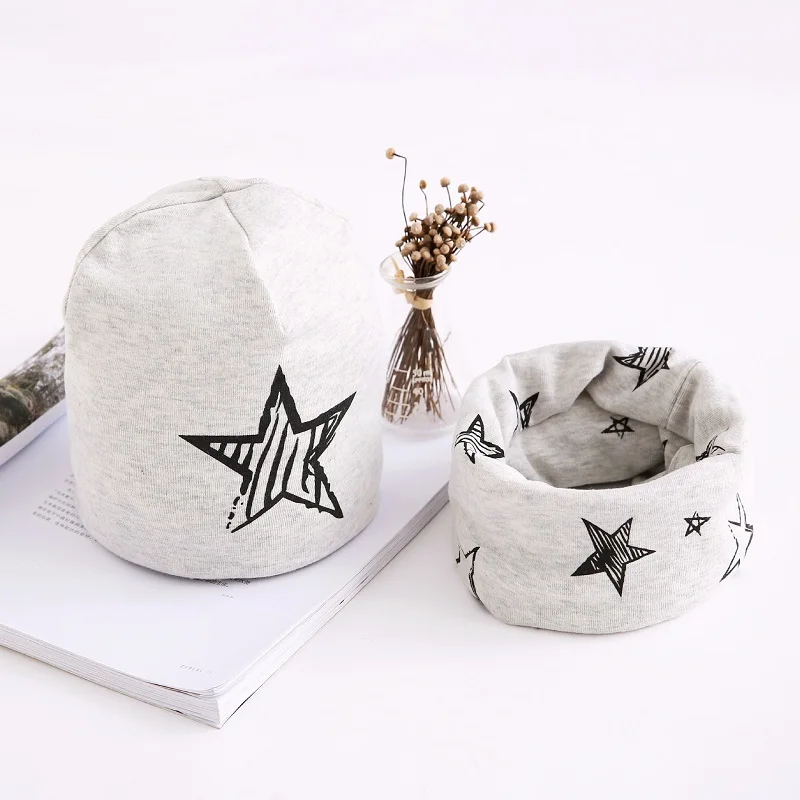 Autumn Winter Boy Girl Star Print Cotton Hat And Sacrf  Baby Bea
