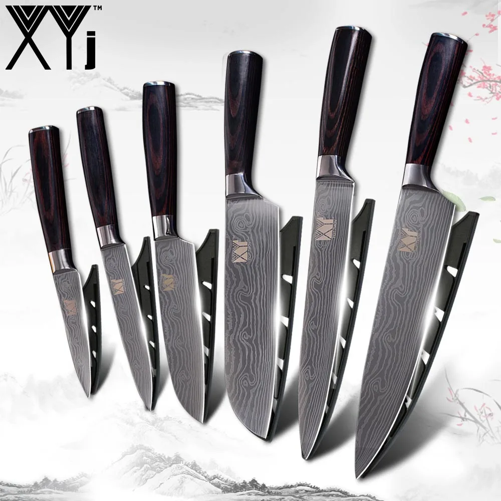  XYj Stainless Steel Kitchen Knife 6-piece Sets Cleaver Damascus Veins Pattern Fruit Utility Santoku - 33044222567