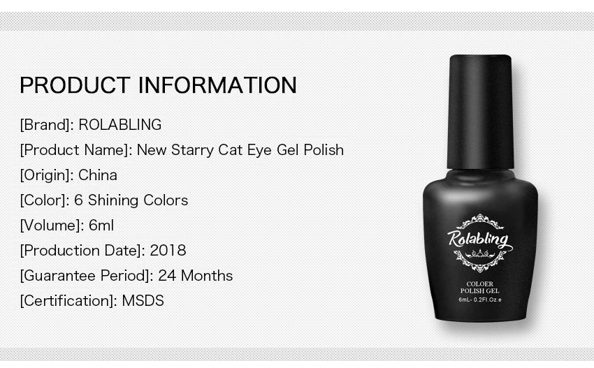 Rolabling Starry Cat Eye Nail Gel Polish Shining Color Soak Off UV 6ML Long Lasting 3D Magnet Cat Eye Nail Art Lacquer Gel