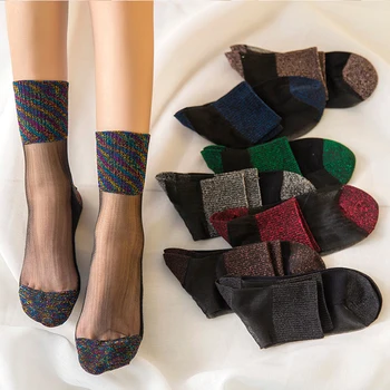 

Summer Style Women Korean Patchwork Colors Crystal Glitter Socks Lady Transparent Mesh Shiny Fishnet Hosiery Thin