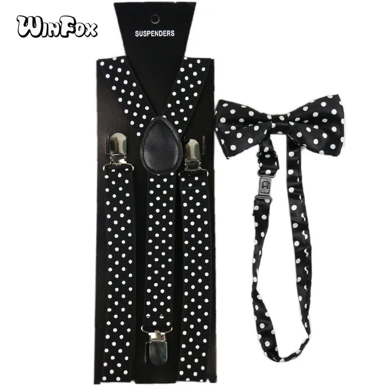 

Winfox Polka Dot Suspenders And Bowtie Black White Women Shirt Braces Elastic Suspenders Bow Tie Set