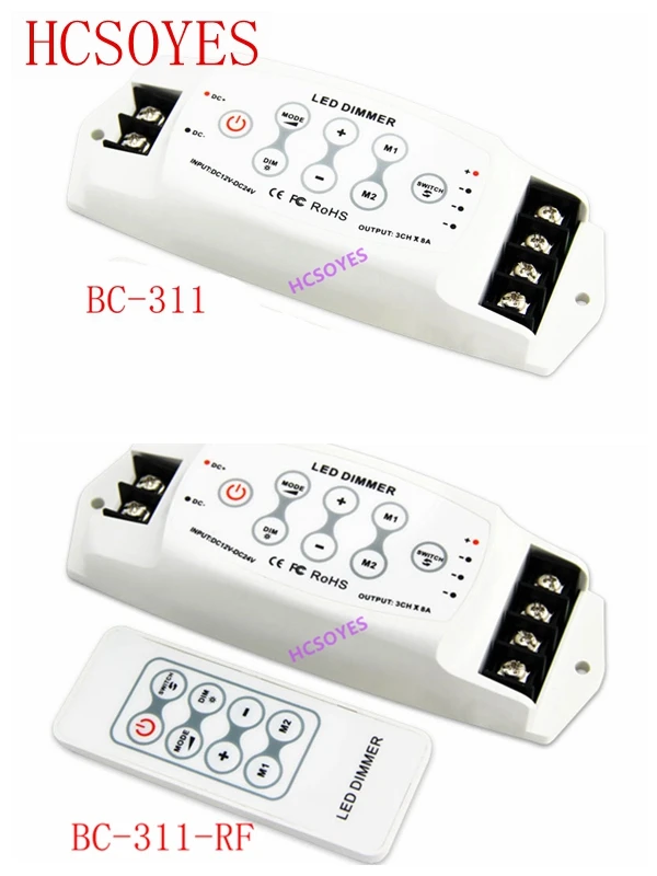 

BC BC-311-RF/BC-311 CV Single Color PWM LED Dimmer Controller 3 channel Output 8A*3CH with Wireless RF remote DC5-24V DC12-24V