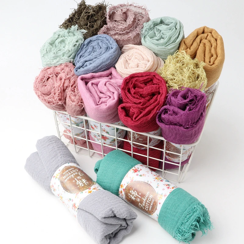 

Single piece women maxi solid hijabs scarf oversize islam shawl head wraps soft long muslim frayed wrinkle cotton plain hijab