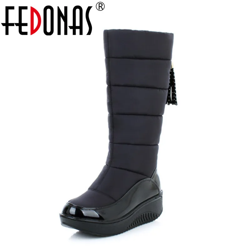 

FEDONAS Top Quality Russia Keep Warm Snow Boots Women Patent Leather Platforms Mid Calf Boots Footwear Winter Shoes Woman Black