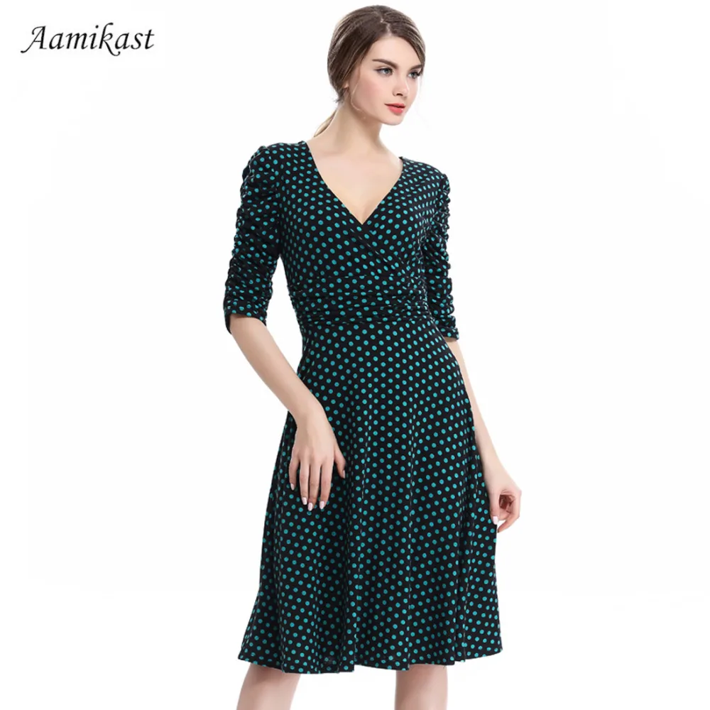 

AAMIKAST Women Dresses Hot Sale 2018 V-neck 3/4 Sleeve Dot Casual Party Evening Vintage Bodycon Sexy Women Dresses