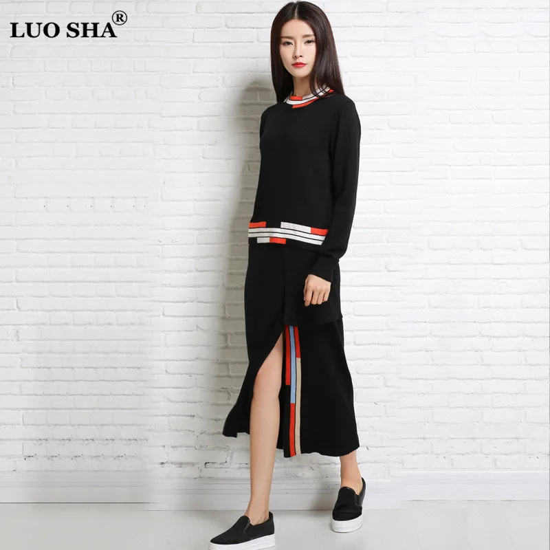 LUO SHA Fashion Two Pieces Set Womens Sweat Suits Tracksuit Women Cashmere Suit Knit Sweater+ Skirt Womens 2 Piece Outfit Sets