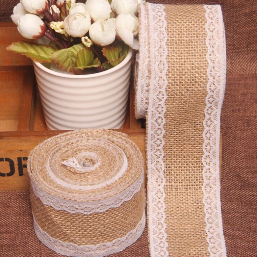 

200*5cm Jute Burlap Hessian Ribbon with Lace rustic wedding centerpieces vintage wedding decoration DIY Wedding Cake Topper