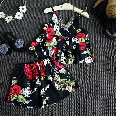 Fashion Summer girls flower cotton back v neck vest printed rose shorts children s casual clothing