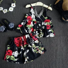 Fashion Summer girls flower cotton back v-neck vest+ printed rose shorts children’s casual clothing girls tank tops set 16J03