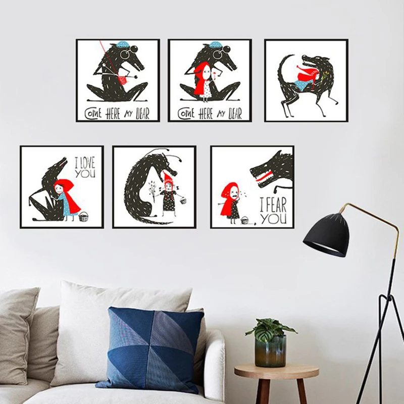 

Nordic Canvas Painting Cartoon Little Red Riding Hood And Wolf Poster Wall Art Print Poster Kid Bedroom Living Room Decor Poster