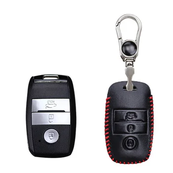 

3 Button Genuine PU Leather Remote Key Bag Case Fob Holder Chain For Kia Series