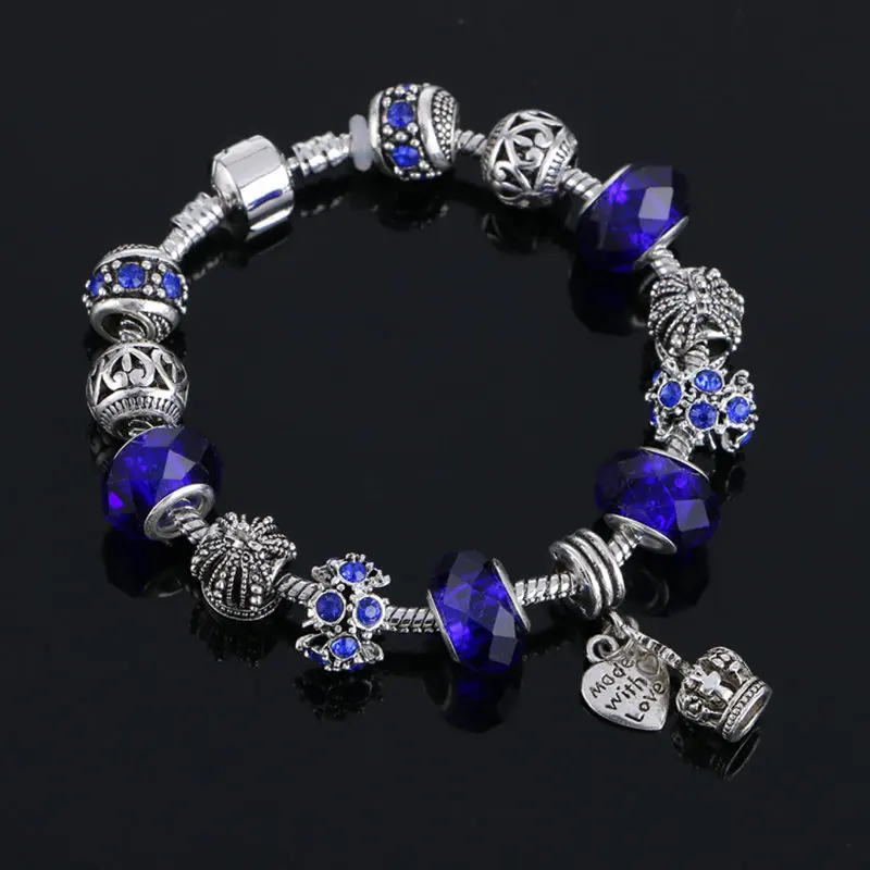 

LIVVY 2017 European Style Charm Silver Crystal Blue female charm bracelet original DIY bead jewelry Christmas gift