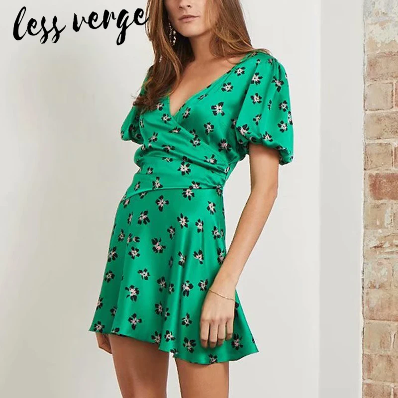 

lessverge Bohemian floral green satin vintage dress Summer puff sleeve v neck short dress mini A-Line casual women sexy dress