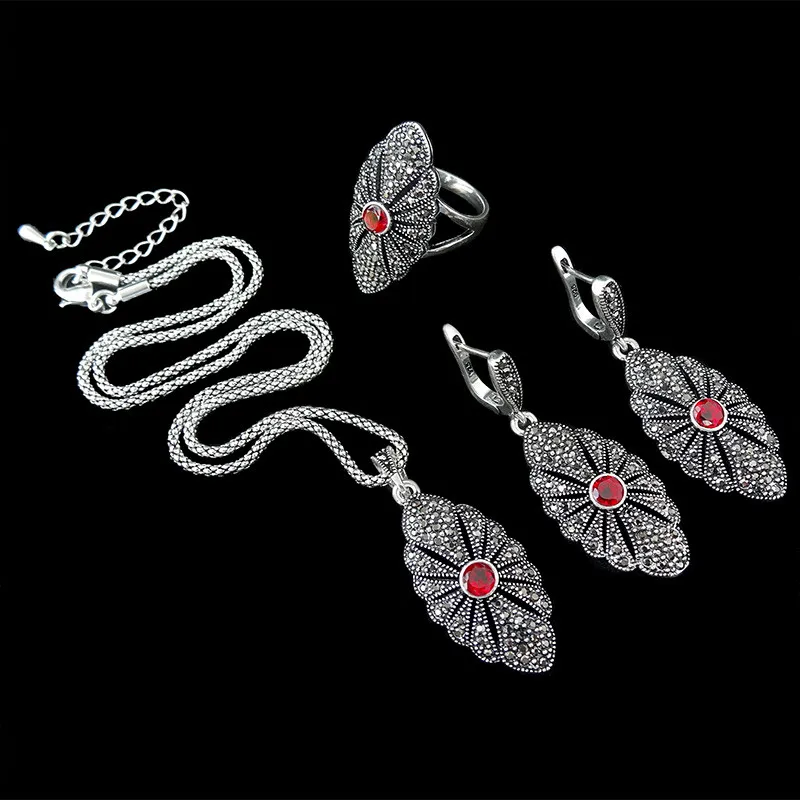 HENSEN New Fashion Antique Silver Plated Jewellery Sets Vintage Crystal Pendant Necklace Set Women Gift parure