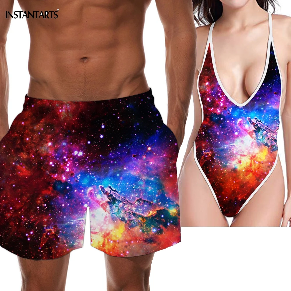 

INSTANTARTS Space/Universe/Galaxy/Nebula Printed Couple Bathing Suits Woman Deep V Monokini Man Beach Trunks Adult Swimming Wear
