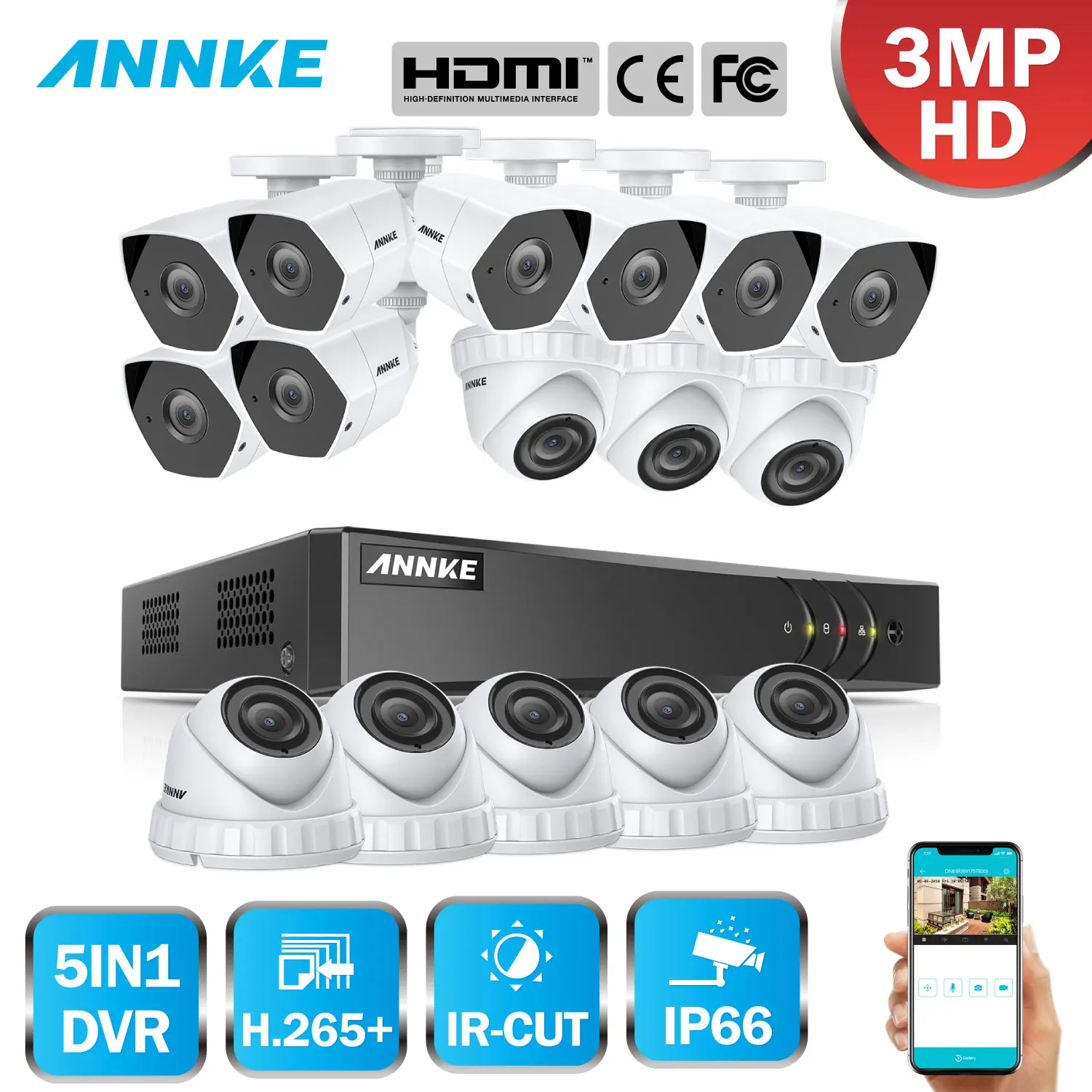 

ANNKE FHD 16CH 3MP Security CCTV System H.265+ 5in1 DVR 16pcs Smart IR Outdoor Weatherproof 3MP Video Surveillance Camera Kit