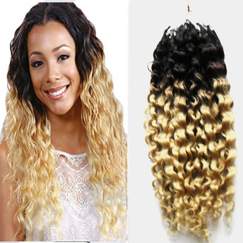 8a T1B/613 Two Tone Micro Loop Ombre Hair Extensions 100s Curly Micro Loop Hair Extensions 100g