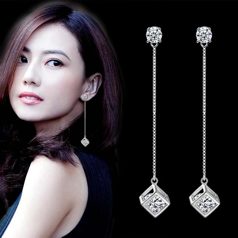 

AAA Zircon Link Silver Color Long Chain Drop Dangle Earrings Cube Crystal Dangle Earring Fashion Long Earrings For Woman Jewelry
