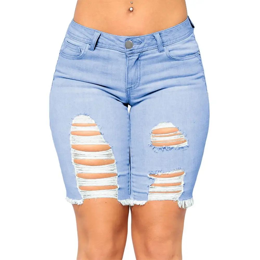 Сексуальные джинсовые шорты для фитнеса, рваные, для женщин, хит, для девушек, с потертостями, стрейчевые, летние, синие джинсы, шорты-бермуды размера плюс - Цвет: Version 1