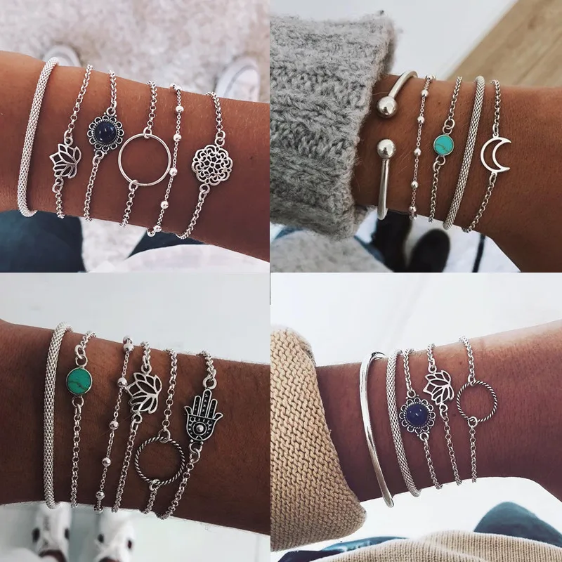

DIEZI Punk Retro Female Lotus Bead Round Gem Chain Hollow Multilayer Silver Bracelet Set Exquisite Party Clothing 2019 Jewelry