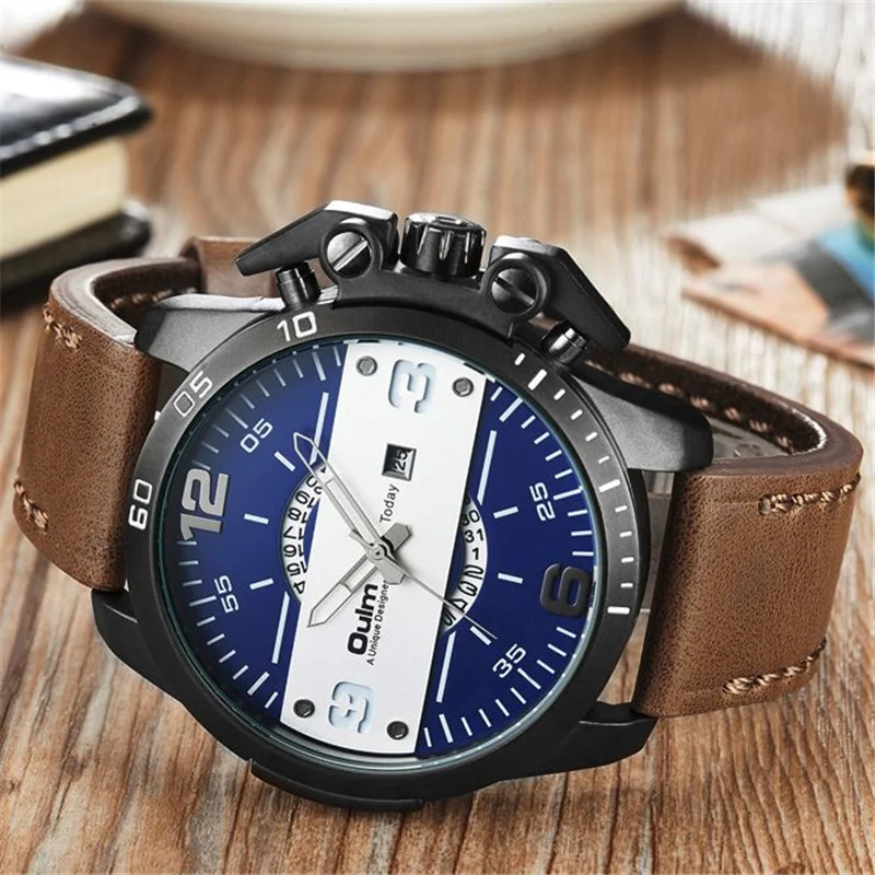 

Oulm Super Large Men's Watches Auto Date Quartz Leather Watch Man Big Design Luxury Brand Sport Watch Male Clock reloj hombre