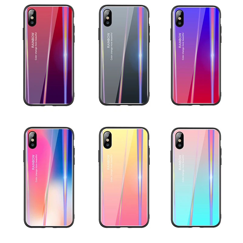 Gradient Rainbow Glitter Phone Case For VIVO X23 X20 Plus Aurora TPU + Explosion-proof Glass Back Cover VIVOX9 |