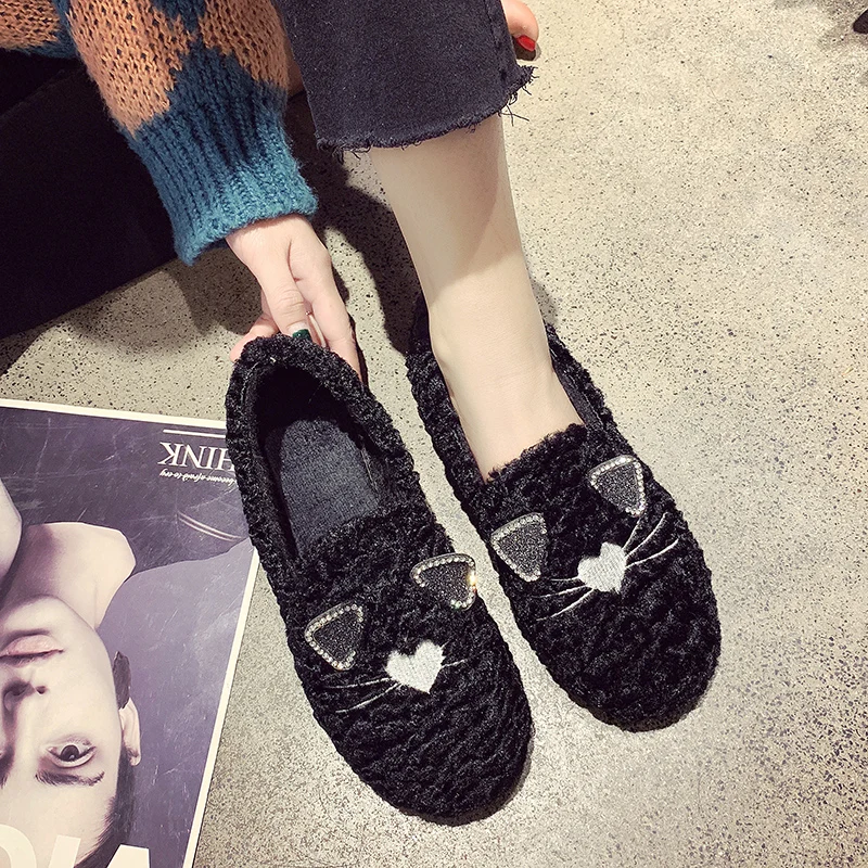 

Fashion Women Fur Flat Shoes Warm Plush Loafers Cute Cat Ballet Moccasins Zapatillas Ladies Slip On Ballerina Shoes Soft Mujer