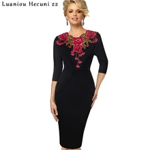 CHU Ni блузка с вышивкой крючком, Элегантное платье Для женщин v образным вырезом 3/4 рукав женское платье-карандаш, большие размеры, состоящий из платья Vestidos S-3XL M020