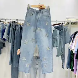 2019 весна лето корейский стиль Женская мода блестками звезды джинсовые брюки женские Высокая талия свободные прямые джинсы r1366