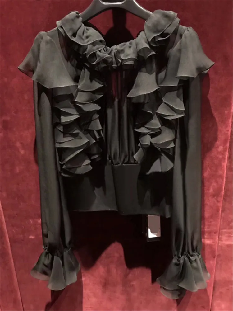 Блузка женская с оборками, с рукавом-бабочкой, Осенние Топы с принтом, модная шифоновая открытая блузка, черная блузка X224